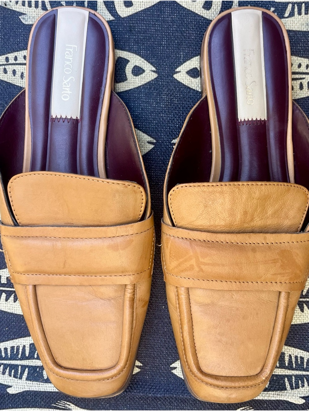 Franco Sarto Tan Leather Slide Loafers with Burgundy Insole